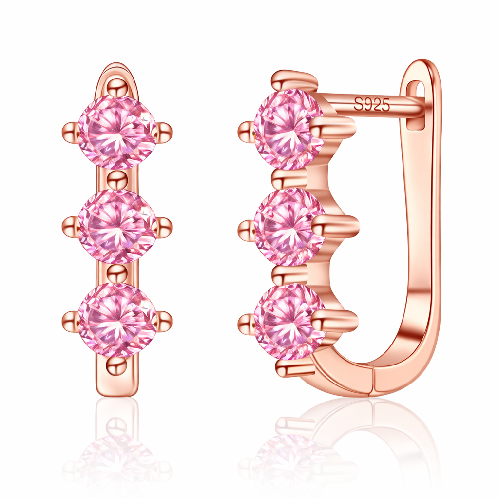 Rose Gold Triple Pink Stone Hoop Earrings