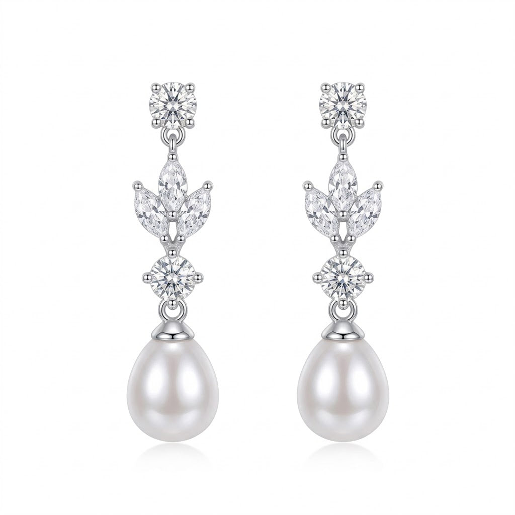 Silver Crystal Pearl Drop Earrings