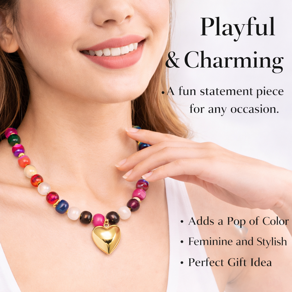 Colorful Beaded Heart Charm Necklace