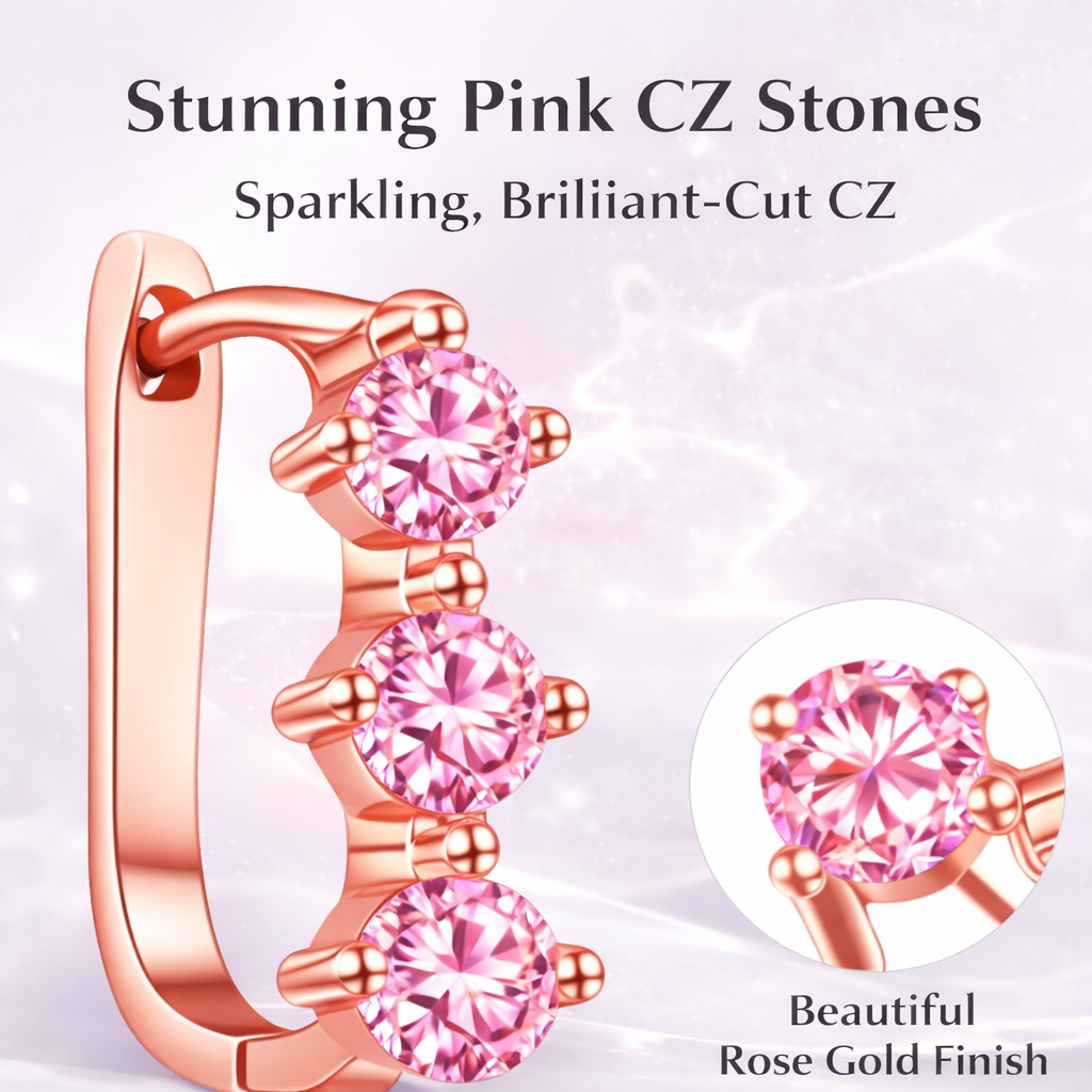 Rose Gold Triple Pink Stone Hoop Earrings