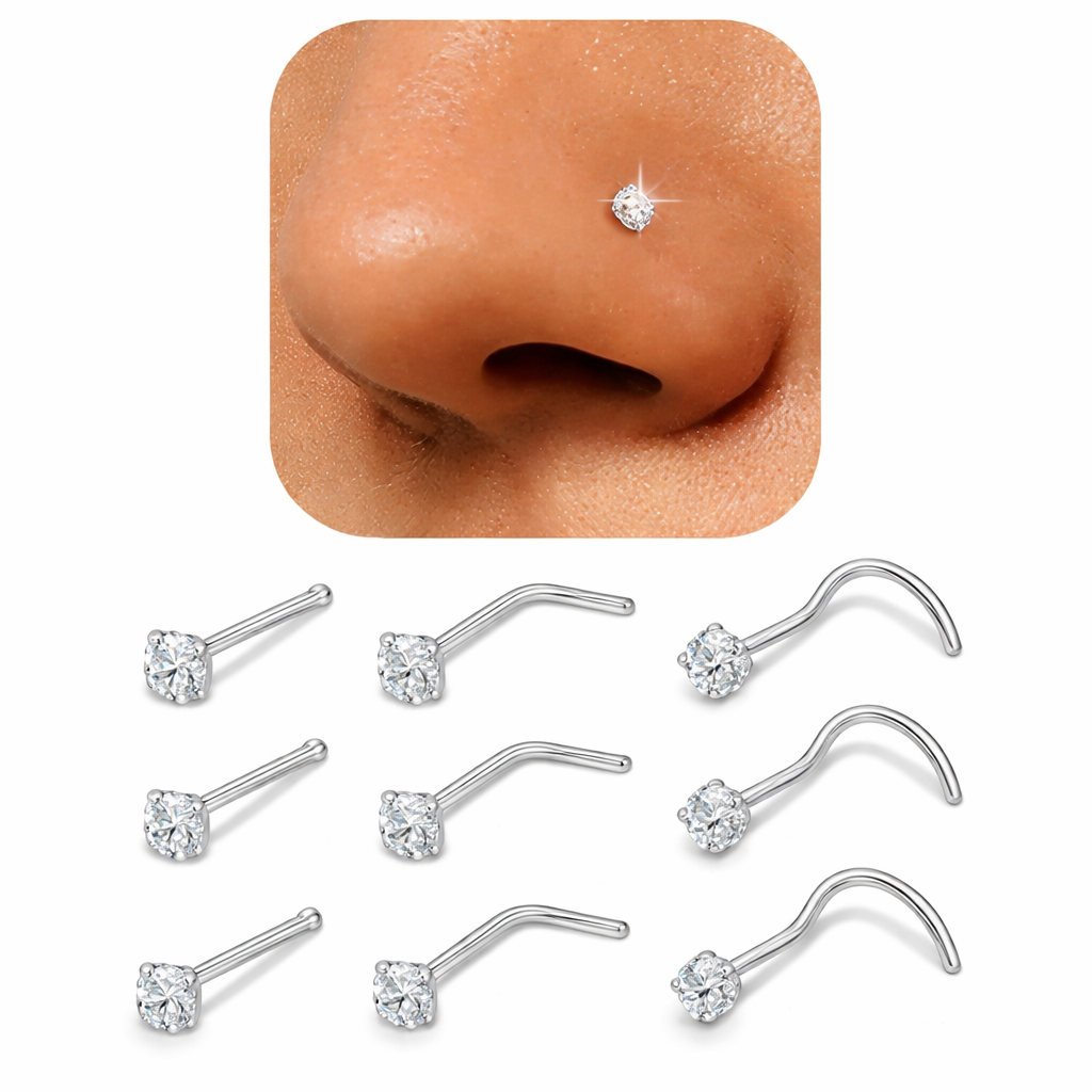 Sterling Silver Nose Stud Set with Clear Stone