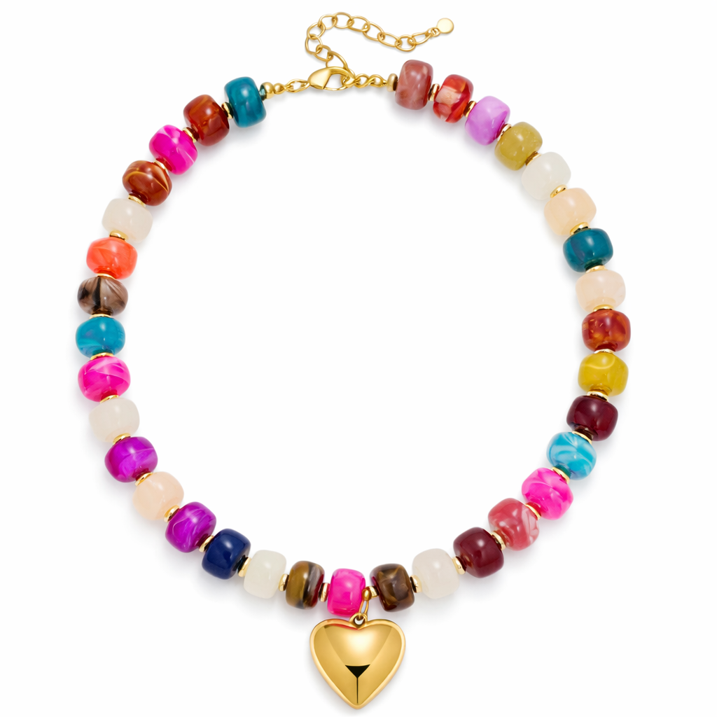 Colorful Beaded Heart Charm Necklace