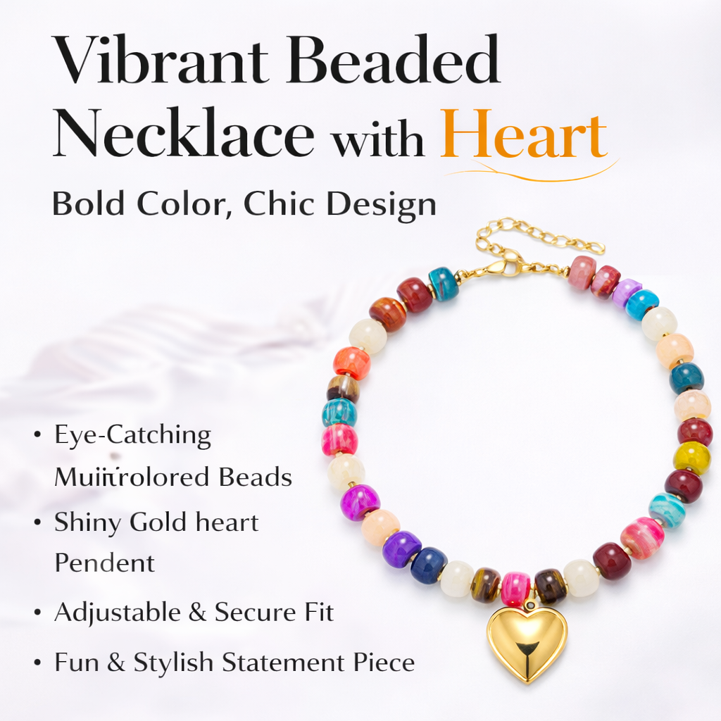Colorful Beaded Heart Charm Necklace